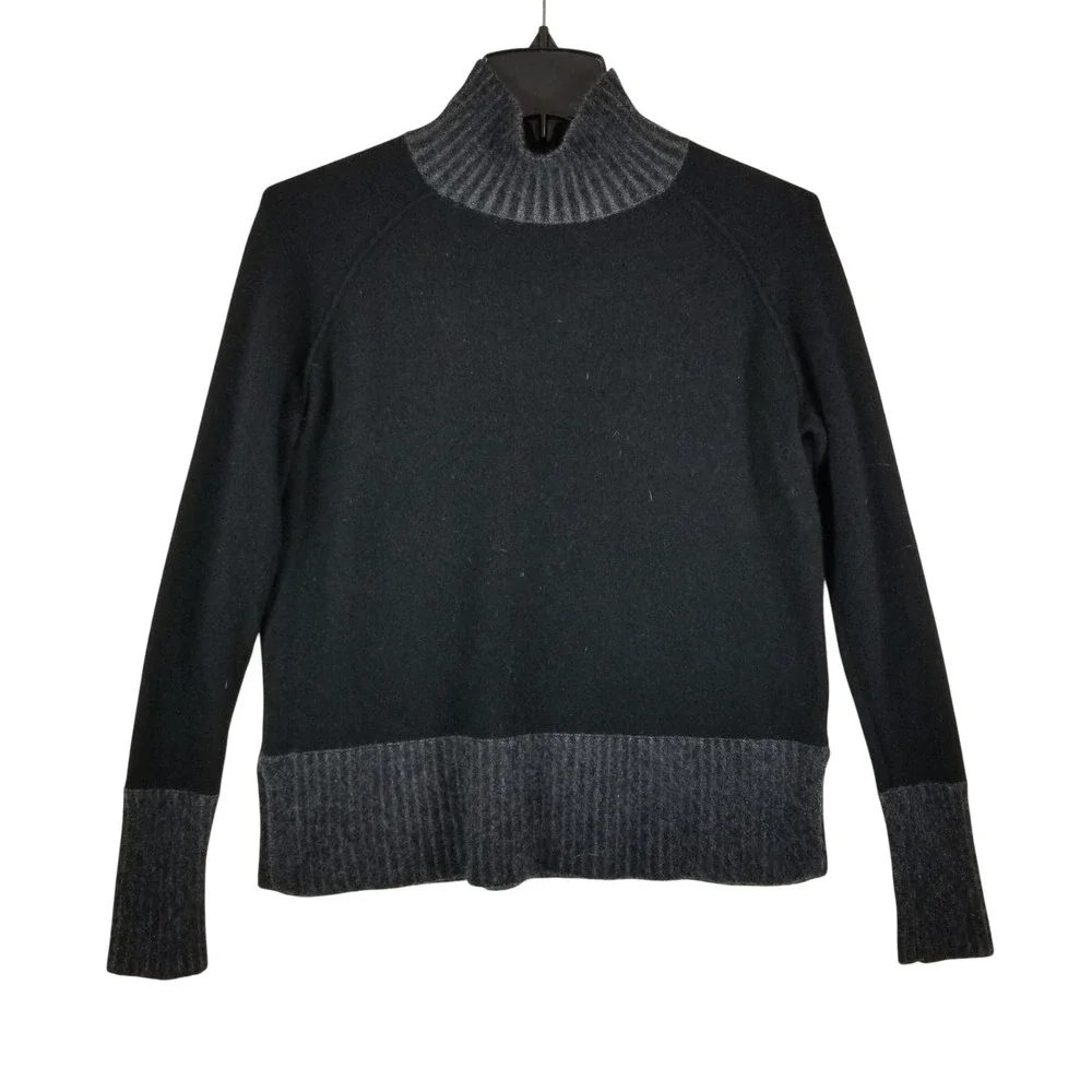 Griffen Cashmere Sweater Women XS Black Mock Neck Ribbed Trim 100% Cashmere‎
